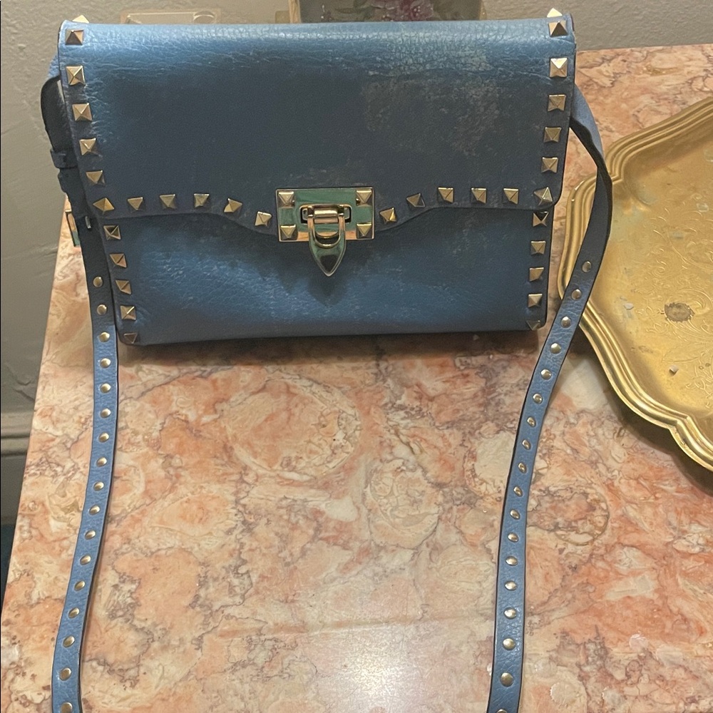 Authentic Valentino Garavani used Blue Studded Crossbody Bag